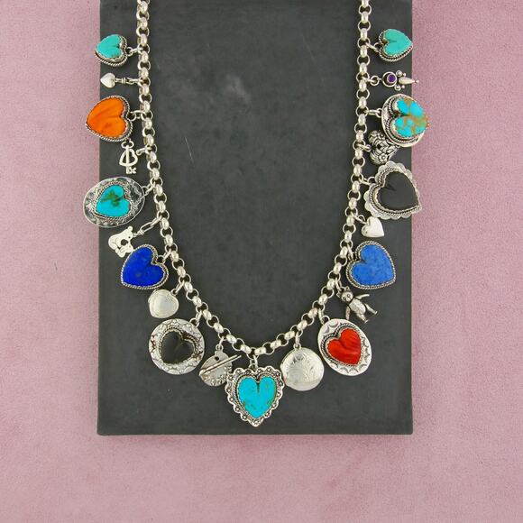 Sterling Jewelry - ⚡️reserved⚡️ joan slifka sterling silver 21 hearts & charms necklace size 29in